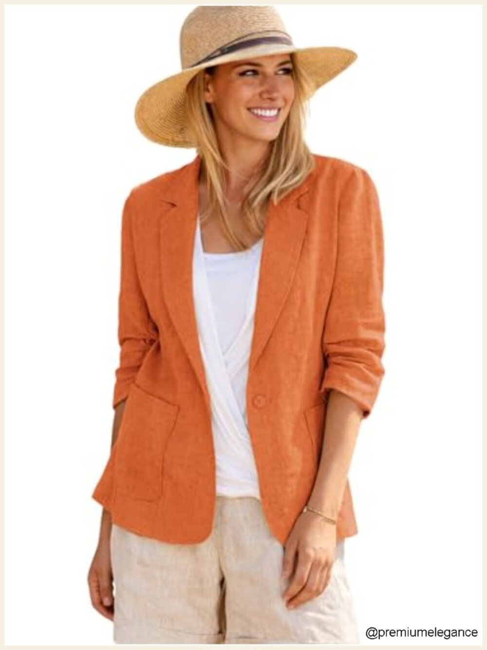 Women's Linen Blend Blazer with Pockets - 3/4 Ruched Sleeve Business Casual